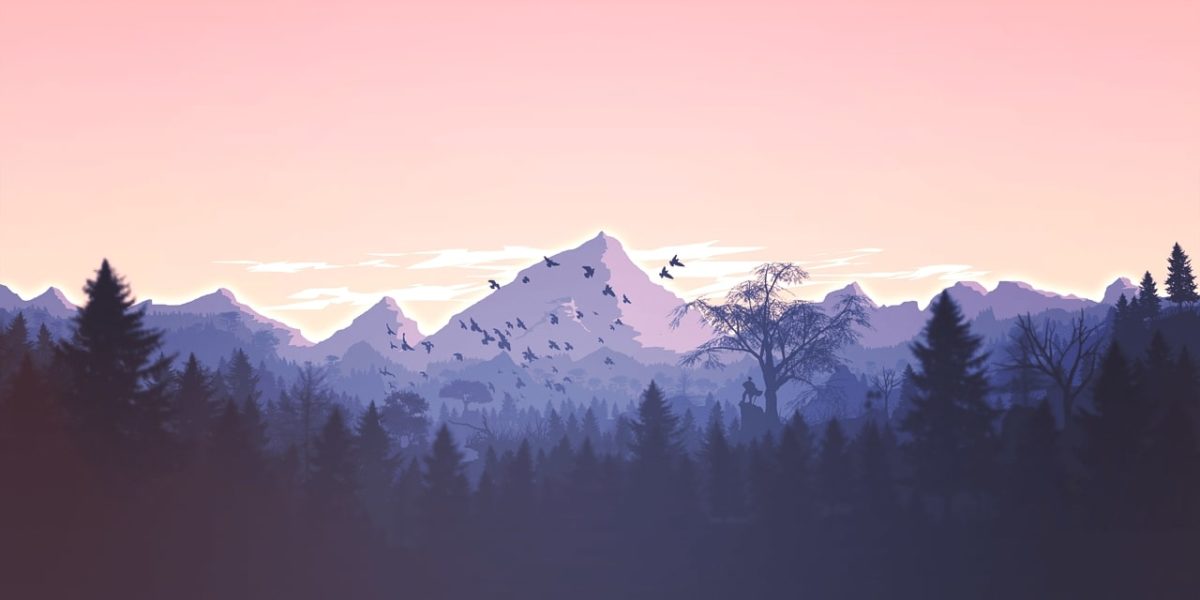 Paysage de montagnes avec forêt et oiseaux en vol