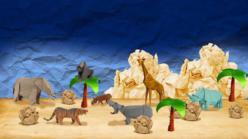 Paysage savane origami avec animaux